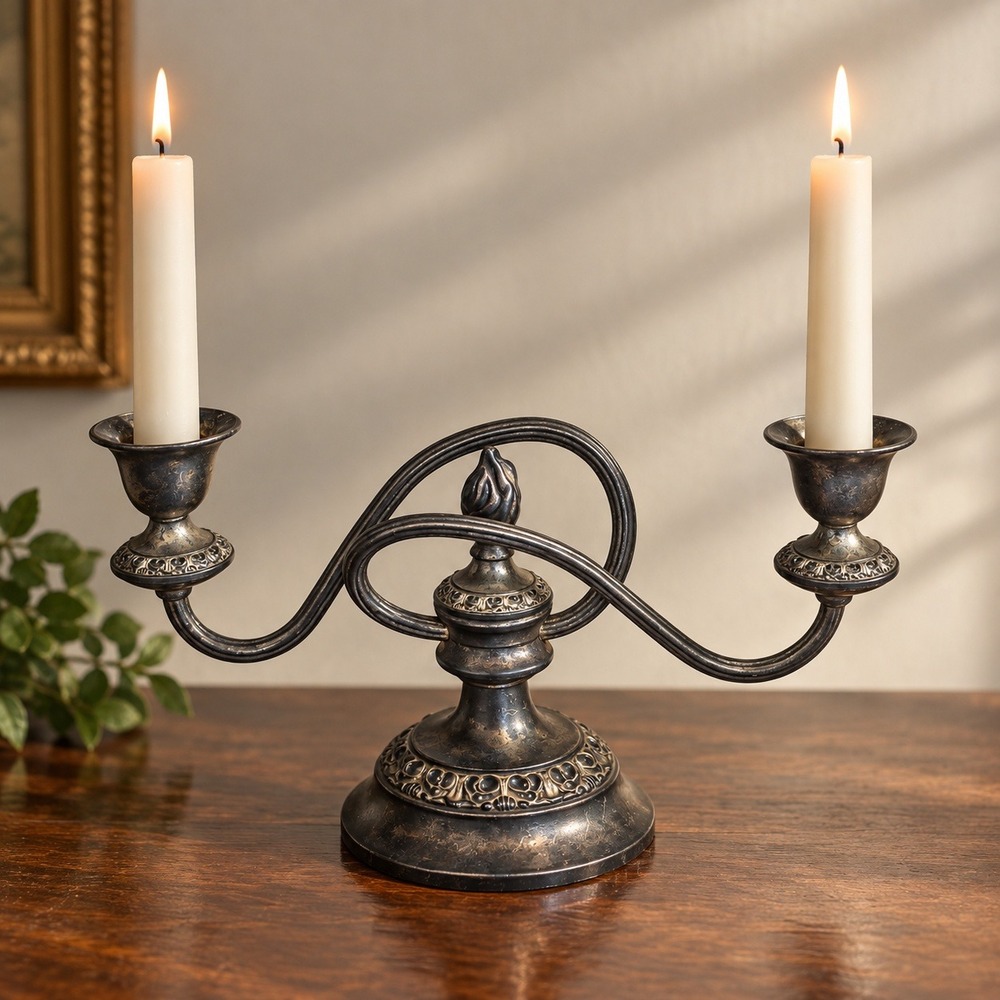 Antique Candelabra Silver Ornate Double Arm Silverplate Candle Sticks
